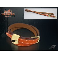 Hermes Double Tour Leather Orange Bracelet With Gold